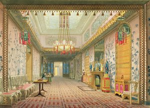 The Corridor tai Long Gallery viimeisessä vaiheessa, Views of the Royal Pavilion, Brighton, kirjoittanut John Nash (1752-1835) 1826 (akvatinta)